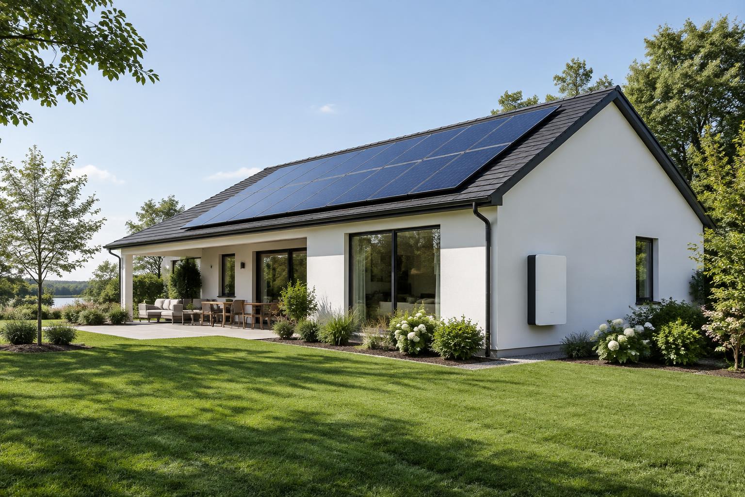 Illustration of an EDEN home with rooftop solar panels and an exterior home battery